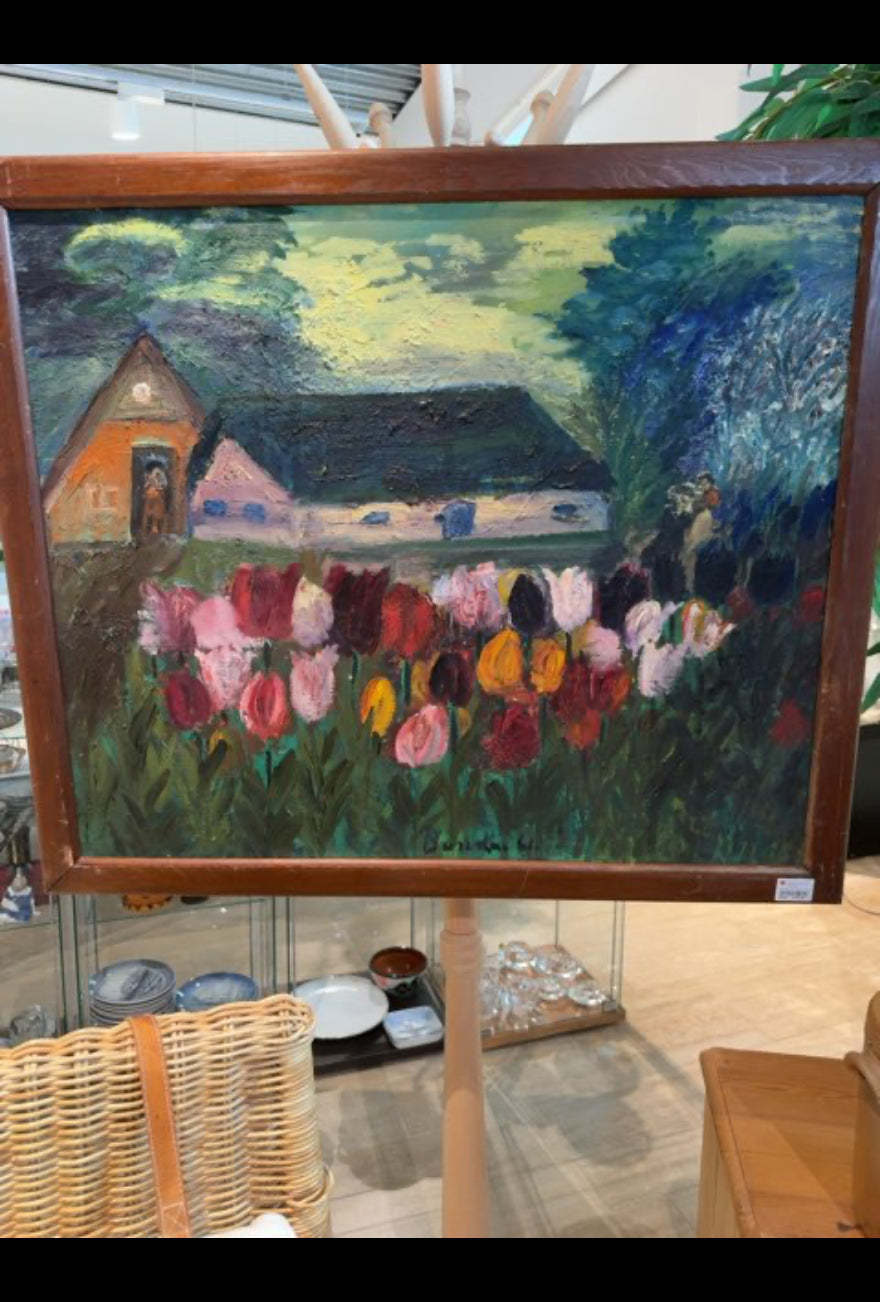 Maleri bondegård med tulipaner